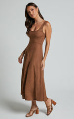 Adelyn Midi Linen Blend Dress - Square Neck Sleeveless A Line Dress in Tobacco