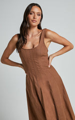Adelyn Midi Linen Blend Dress - Square Neck Sleeveless A Line Dress in Tobacco