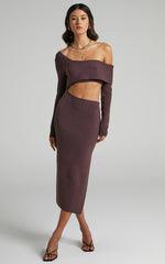 Alabama Midi Dress - Off One Shoulder Asymmetric Long Sleeve Knit Dress in Chocolate