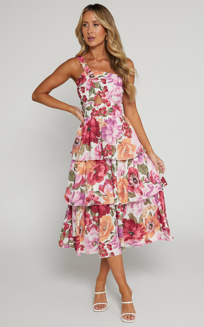 Caro Midi Dress - One Shoulder Tiered Dress in Spring Floral