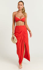 Jovi Two Piece Set - Linen Knot Detail Tie Back Top and Draped Skirt in Red Orange