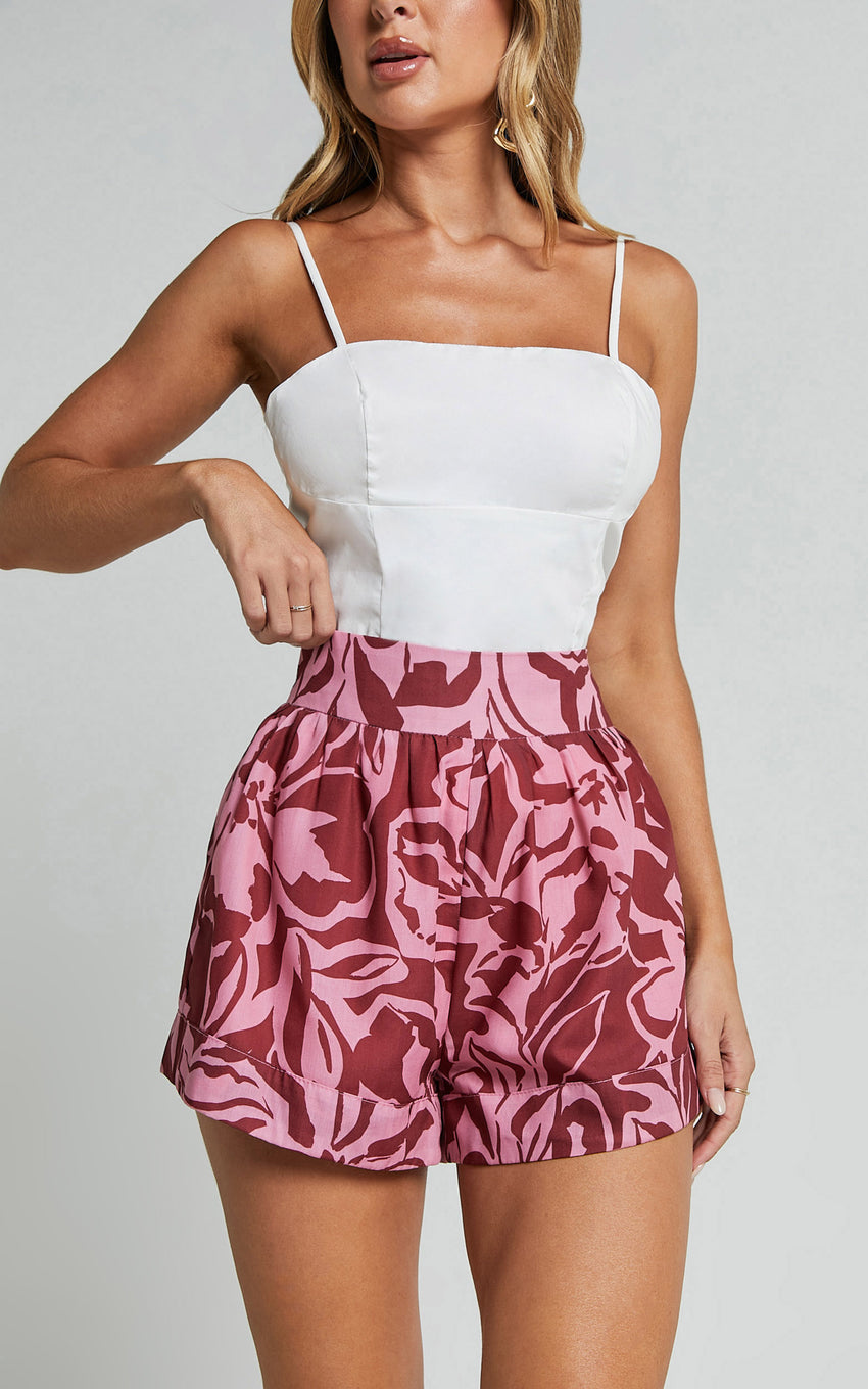 Lydie Shorts - High Waist Pleated Aline Shorts in Whirlind Print