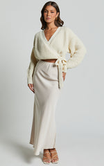 Rosanna Jumper - Recycled Knitted V Neck Wrap Cardigan in Ivory