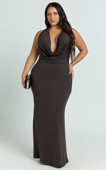Sylvana Maxi Dress - Cowl Halter Neck Bodycon Dress in Chocolate