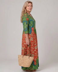 Zeloria | Abstract Vintage Print Relaxed Three Quarter Sleeve Midi Dress