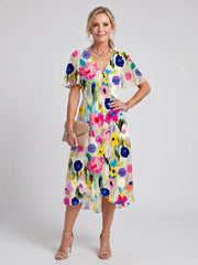 Mirabel | Flutter Sleeve Gathered Waist Floral Print Midi Dress