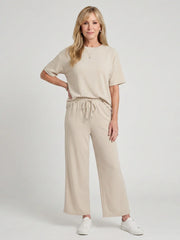 Wihel | Short Sleeve Drawstring Waist And Straight Leg Pants Set