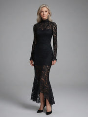 Margaret | Long Sleeve High Neck Lace Midi Dress
