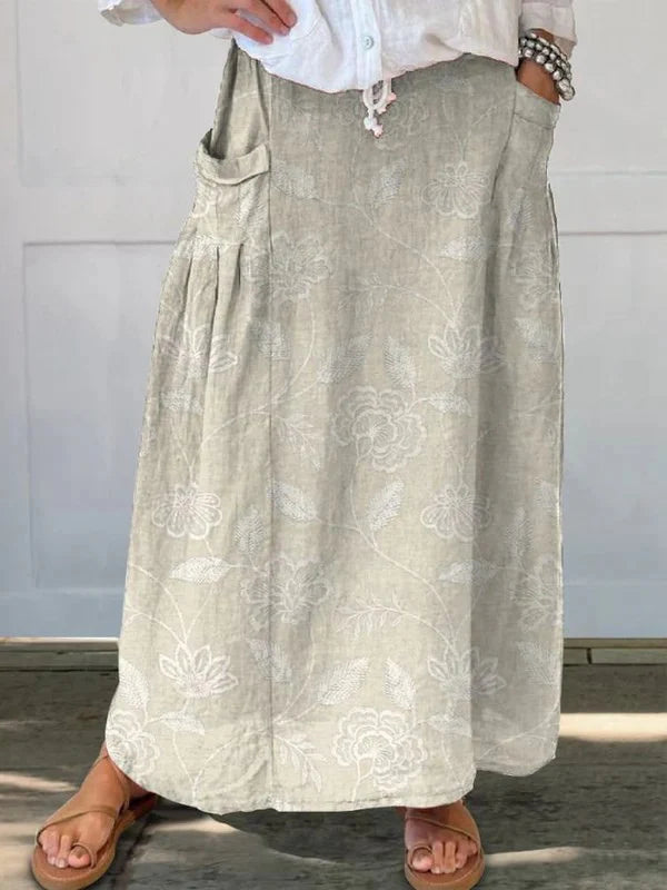 Women'S Vintage Floral Art Linen Elastic Waistband Pocket Skirt