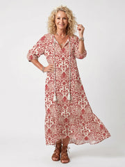Noelle | Ornate Print Tassel Tie Midi Dress