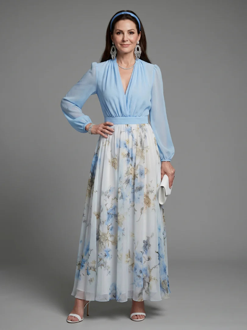 Augusta | V Neck Sheer Bodice Floral Maxi Dress