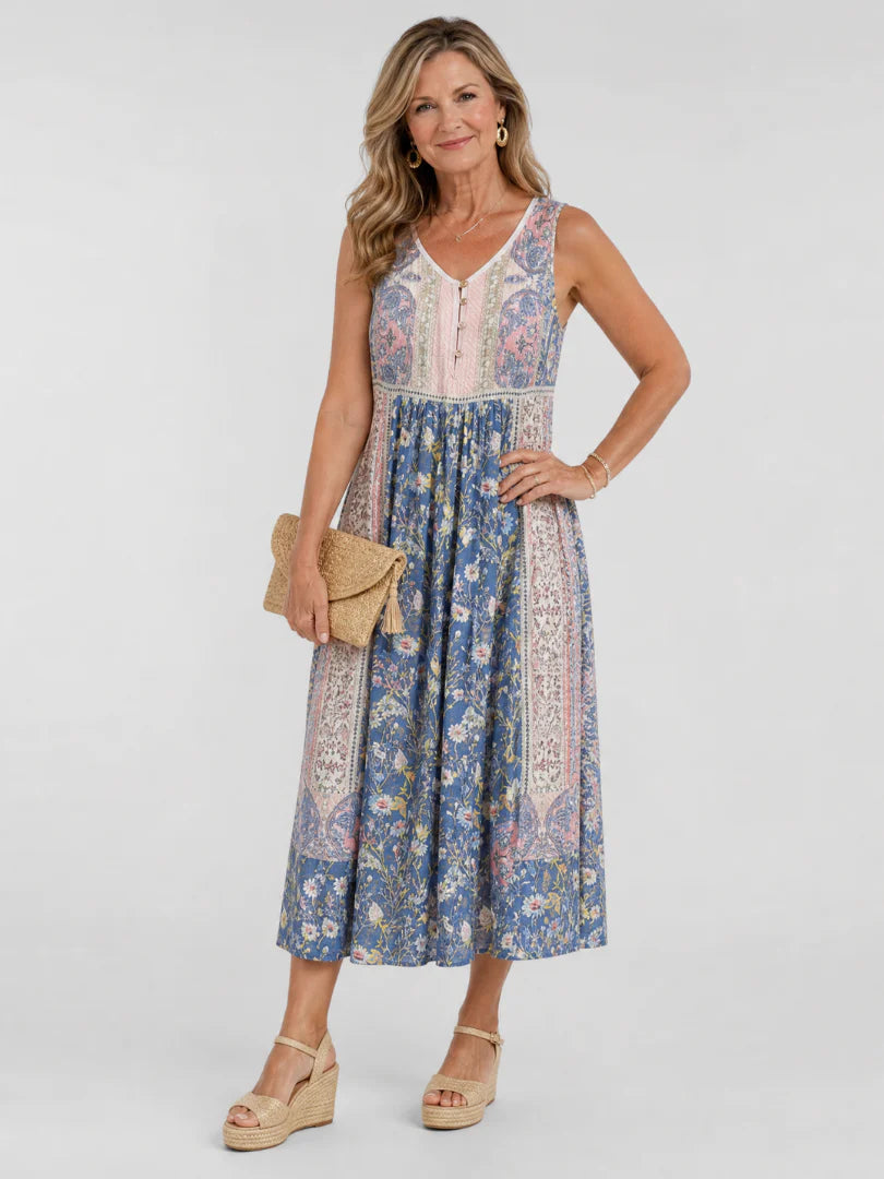 Lemez | Mixed Floral Sleeveless Button Detail Midi Dress