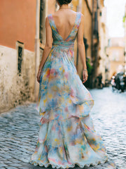 Elegant Watercolor Print High-Low Chiffon Maxi Dress