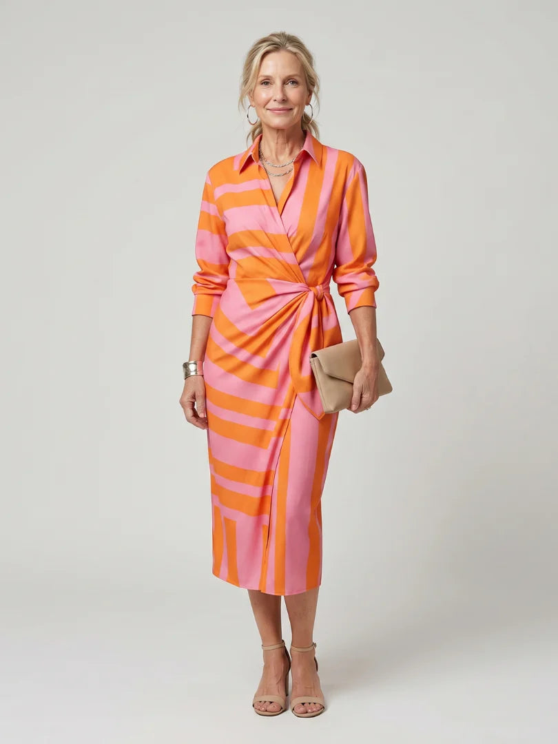 Leya | Long Sleeve Collared Wrap Stripe Pattern Midi Dress