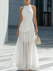 Elegant Halter Neck Ruched Waist Flowy Chiffon Maxi Dress