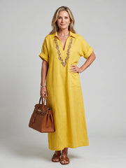Calluna | Short Sleeve V Neck  Embroidered Detail Midi Dress