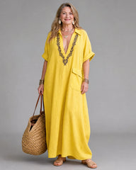 Elakeja | Embroidered V Neck Pocket Detail Relaxed Midi Dress