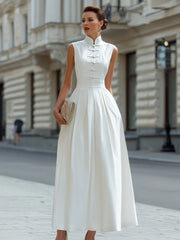 Mandarin Collar Frog Button Pleated A-Line Maxi Dress