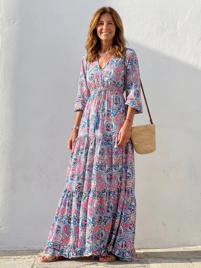 Isabella | Long Sleeve V Neck Bohemian Maxi Dress