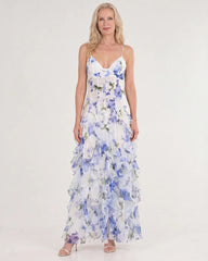 Vugeh | Watercolor Floral Ruffle Hem Sleeveless Midi Dress