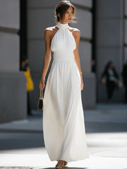 High-Neck Halter Cutout Waist Flowing Maxi Dress