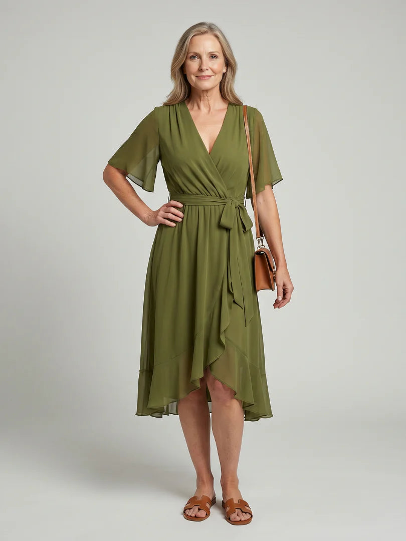 Keziah | Short Sleeve Wrap Soft Flowing Hem Midi Dress