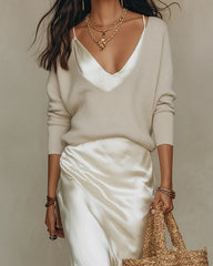 Champagne Midi Two-Piece Satin Dress & Knit Sweater Set