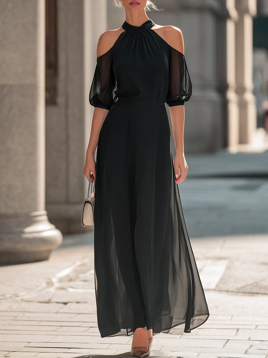 Off-Shoulder Halterneck Sheer Layered Dress