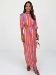 Gia | Vertical Stripe Cutout Waist Midi Dress