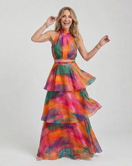 Mique | Natural Floral Halter Cutout Tiered Maxi Dress