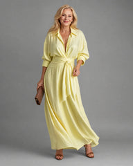 Zelith | Belted Collared Flowing Long Sleeve Midi Dress