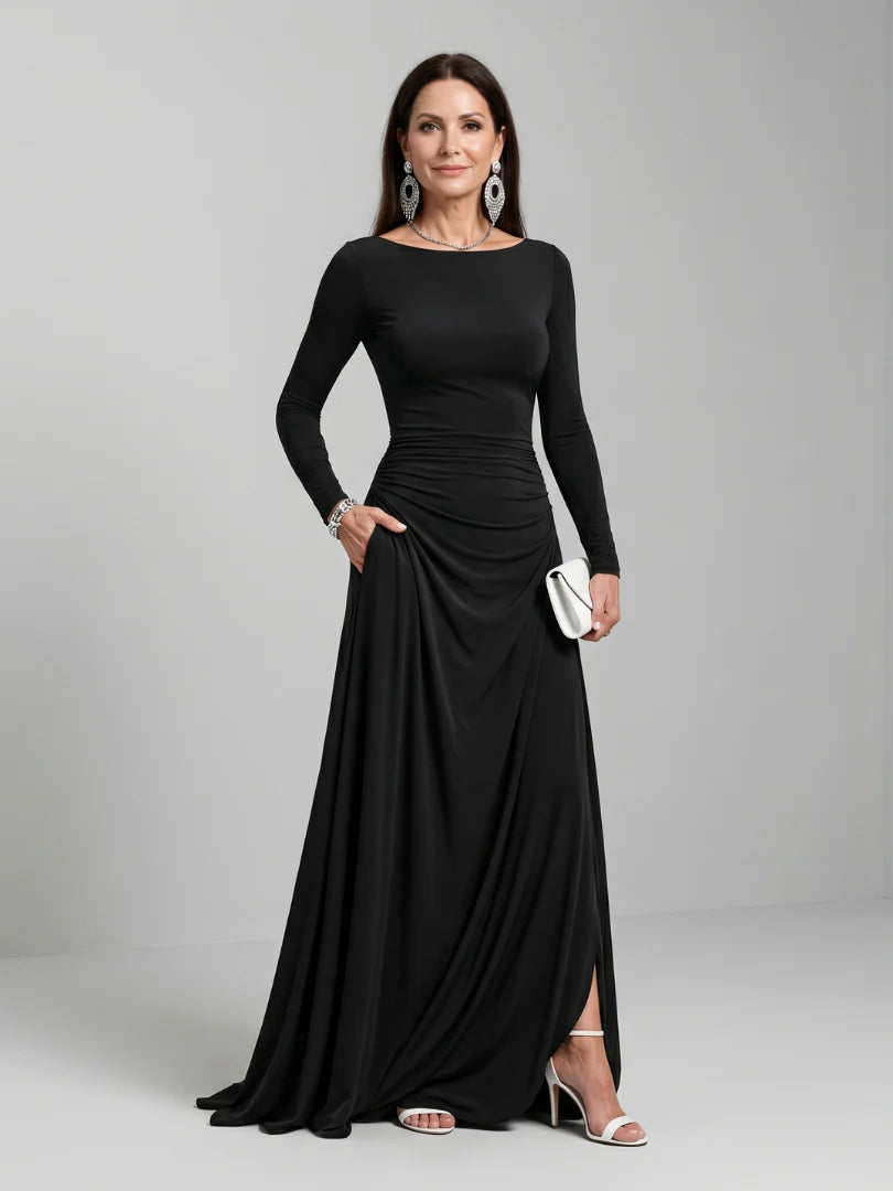 Gyram | Long Sleeve Boat Neck Flowing Maxi Dress