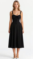 Midi Dress - Tailored Waist, Flowing Skirt