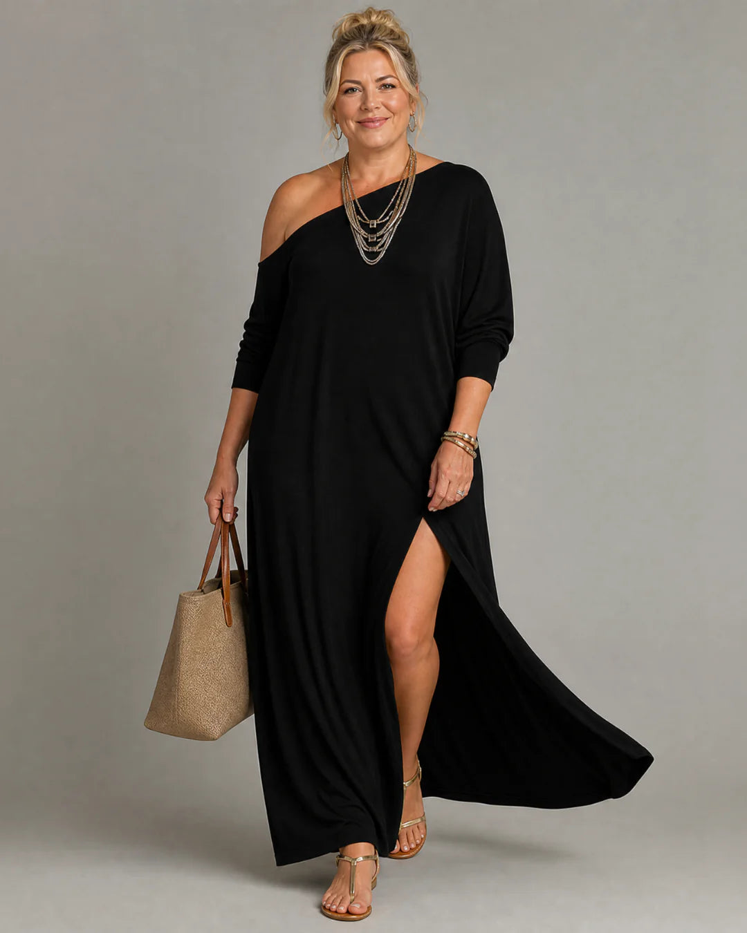 Asterelle | One Shoulder Side Slit Flowing Midi Dress