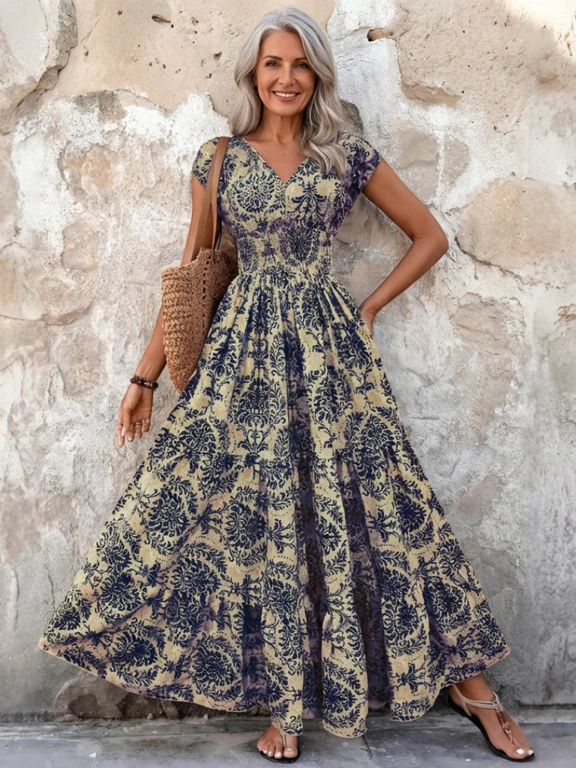 Vivienne | Cap Sleeve V Neck Bohemian Maxi Dress