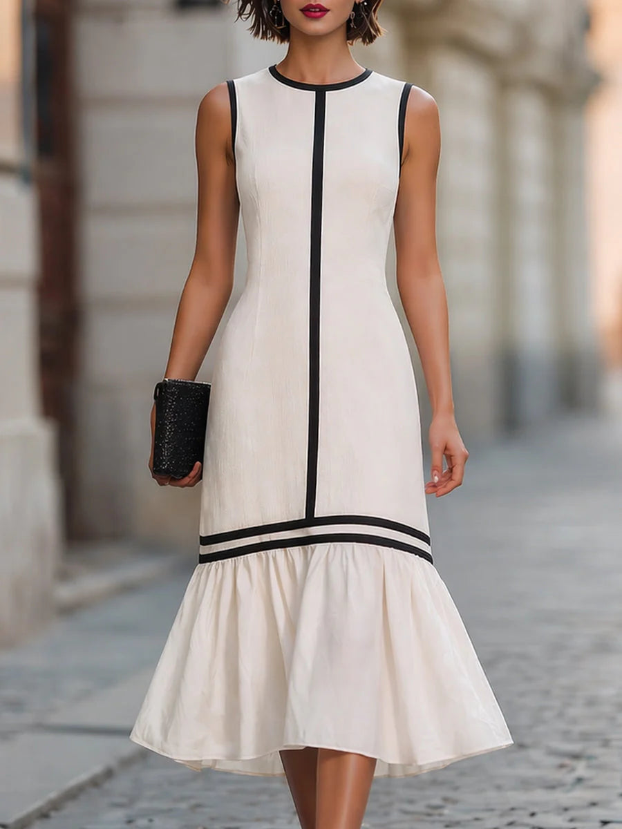 Contrast Trim Sleeveless Flared Hem Maxi Dress