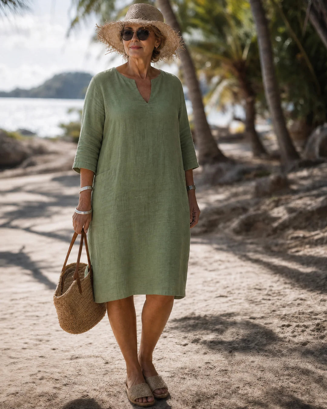 Elixir | Textured V Neck Three Quarter Sleeve Knee Length Dress
