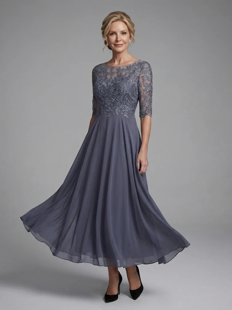 Olivine | Lace Bodice Sheer Sleeve Midi Dress