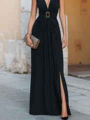 Deep V-Neckline Metal Buckle Draped High-Slit Maxi Dress