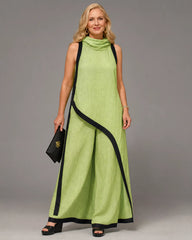 Valthera | Contrast Trim Sleeveless Layered Top And Wide Leg Pants Set