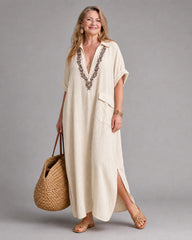 Elakeja | Embroidered V Neck Pocket Detail Relaxed Midi Dress