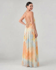 Eloque | Watercolor Halter Neck Flowing Maxi Dress