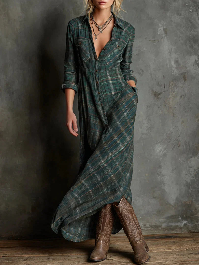 Harper - Western Plaid Maxi Shirt Dress