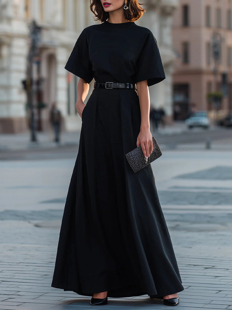 Round Neck Short Sleeve Belted A-Line Maxi Dress