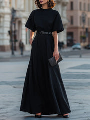 Round Neck Short Sleeve Belted A-Line Maxi Dress