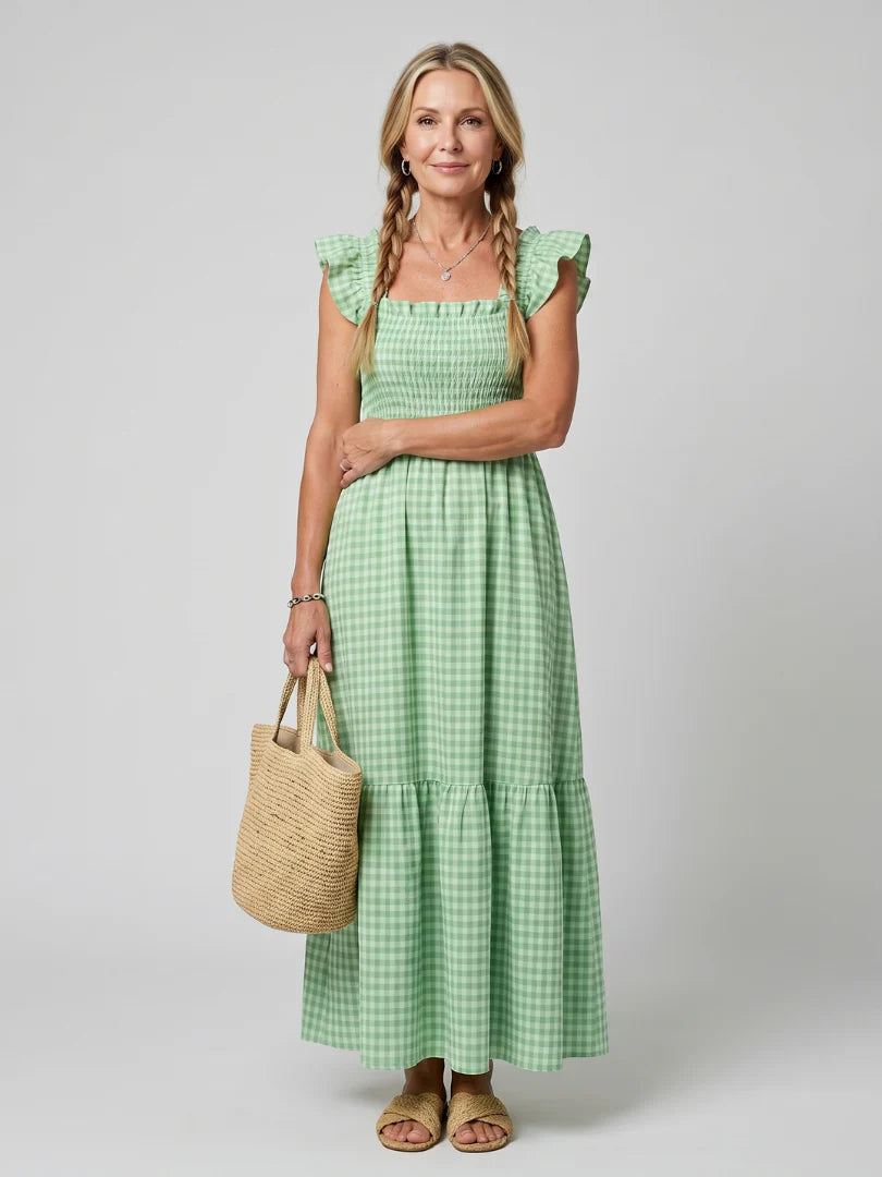 Verity | Sleeveless Square Neck Gingham Pattern Midi Dress