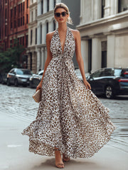 Leopard Print Halter Neck Flowing Maxi Dress