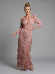 Samara | Long Sleeve Soft Fringe Skirt Midi Dress