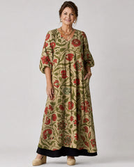 Rimla | Botanical Print Relaxed Three Quarter Sleeve Midi Dress